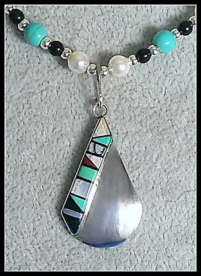 Zuni Sterling Multi-stone Inlay Teardrop PENDANT SIGNED M 24.5  Bead Necklace • $47