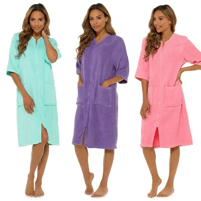 Ladies Zip Soft COTTON TERRY Dressing Gown Zipped Robe With Pockets LN728 • £21.95