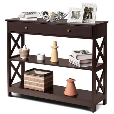 3-Tier Console Table X-Design Sofa Entryway Table With Drawer & Shelves Espresso • $99.99