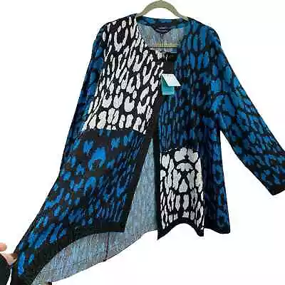 Ming Wang Size XL Jacket Crinkle Knit Blue Black Animal Pattern Asymmetrical NEW • $89