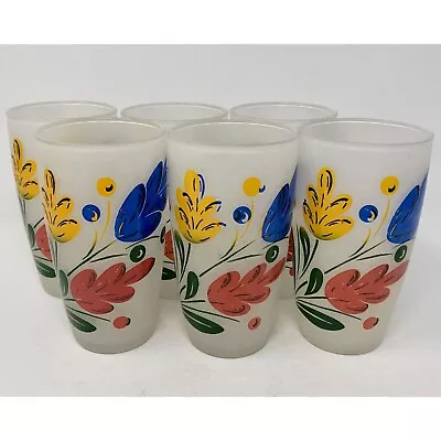 Vintage Frosted Glasses Bright Flowers Set Of Six Mid Century Kitchen • $35