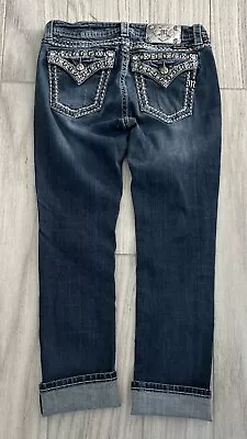 MISS ME Jeans Womens Size 30 Blue BLING Embroidered CUFFED  27” INSEAM • $18.99