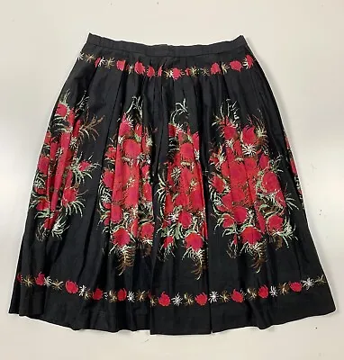 Vintage Midi Skirt Border Print Floral Roses Vibrant Red Black (fits Like 14) • $75