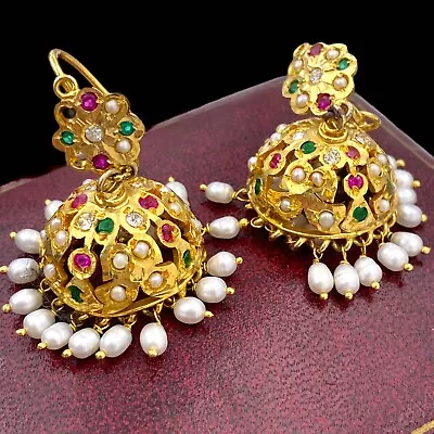 Antique Vintage Nouveau 14k Gold Plated Mughal Ruby Pearl Wedding Earrings 18.5g • $112.50