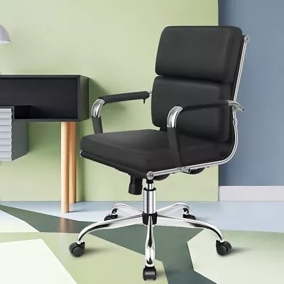 ALFORDSON Mid Back Black Office Chair SGS Gas Lift PU Leather Ergonomic Chair • $183.08