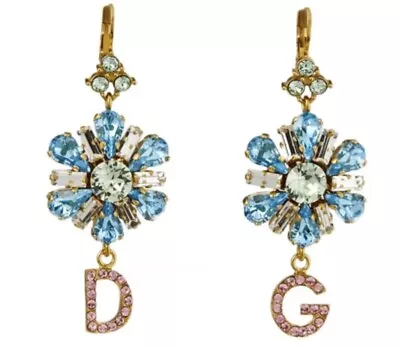 DOLCE & GABBANA Earrings Gold  Brass Blue Pink Floral Crystal  Drop Jewellery Dg • £345