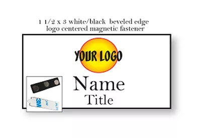 1 White Black Name Badge Color Logo Centered 2 Lines Of Imprint Magnet Fastener • $13.99