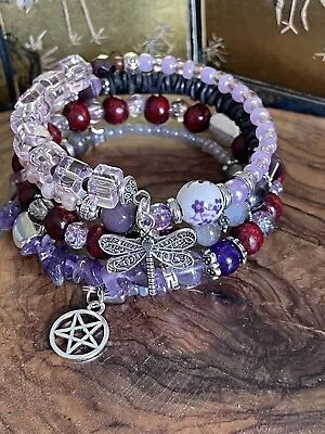 Gothic Witch Dragonfly Wrap Bracelet Pagan Wicca - Amethyst Stones Protection • £9.99