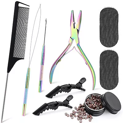 Hair Extension Tool Kit Beading Pliers Loop Pulling Hook & 300 Micro Beads USA • $15.99