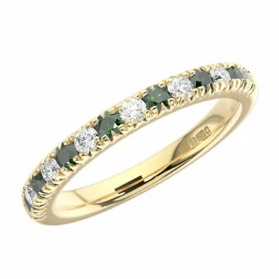 1.00 Carat Pave Set Round Diamond & Emerald Half Eternity Ring 9K Yellow Gold • £435.76