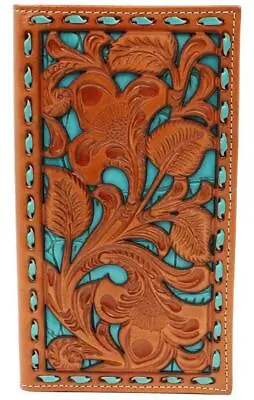 Nocona Western Men Wallet Rodeo Leather Floral Pierced Turq Overlay Tan N5417933 • $59