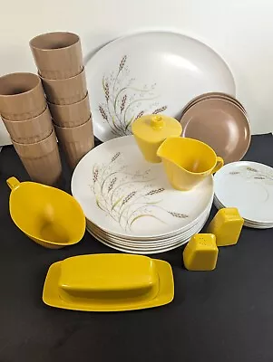 Vintage 32 Pc Melmac Dish Set Yellow And Brown Plastic Floral Flower 70's Decor • $80