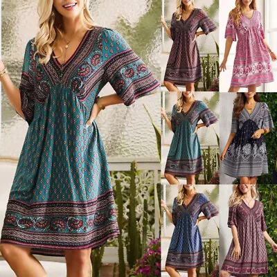 UK Women V Neck Boho Retro Sundress Casual Loose Holiday Beach Swing Tunic Dress • £10.99