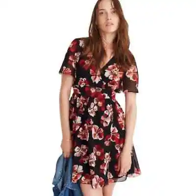 Madewell Dress Sz 10 Tulip-Sleeve Mini  In French Rose BLACK Floral Dress • $62