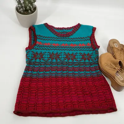 Vintage Retro Hand Knit Nordic Nerdy 70s Grannycore Sweater Vest Multi Medium • $37.88