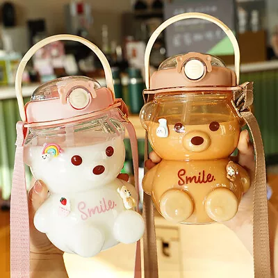 Kawaii Bear Plastic Water Bottle With Straw Shoulder Strap Cute Kids Bottles UK • £6.89