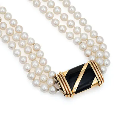 Vintage Cartier Cultured Pearl Necklace Triple Strand 6mm 18k Gold Onyx Clasp • $9985