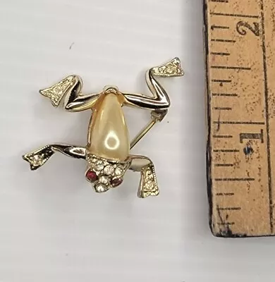 Vtg Frog Pin Brooch With Red Rhinstone Eyes Pearl Color Teardrop Shape Stone  • $12