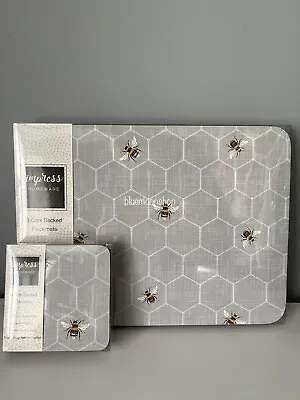 Set Of 6 Grey Bumble Bee Placemats & 6 Coasters Dining Dinner Table Mats NEW • £23.99