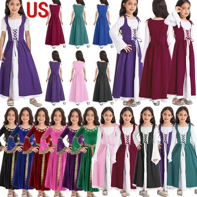 US Girls Kids Renaissance Medieval Princess Gown Dress Halloween Party Costumes • $17.75