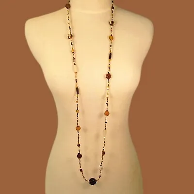 44  VERY LONG Gold Black Vintage Snowball Boho Handmade Seed Bead Necklace • $12.99