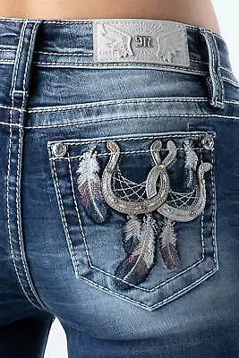 New! Women's Miss Me DOUBLE HORSESHOES BLING POCKET BOOTCUT JEANS In 10 SIZES! • $119