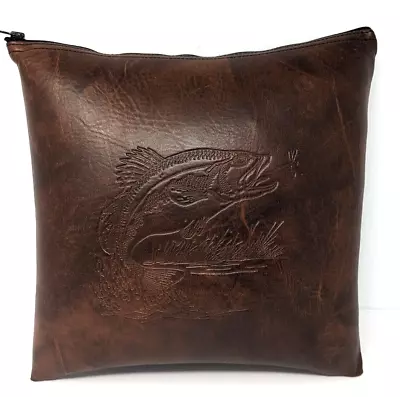 Vintage Leather Throw Pillow Largemouth Bass Fishing Tooled Lodge Cabin Mancave • $39.99