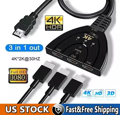 2FT 4K HDMI 2.0 Cable Auto Switch Switcher Splitter  Adapter 3 In-1 Out Device • $6.68