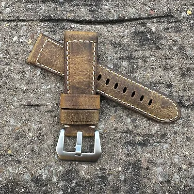 For OFFICINE PANERAI PAM 24mm Brown Cracked Vintage Leather Watch Strap Band • £50