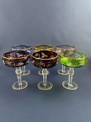 6 Vintage Multi-colored Cut To Clear Champagne Or Wine Glasses • $85