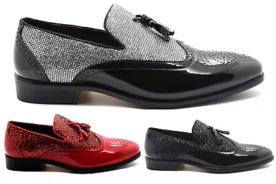 Mens Tassel Glitter Shiny Patent Slip On Dress Party Wedding Loafers Suit Shoes • £19.99