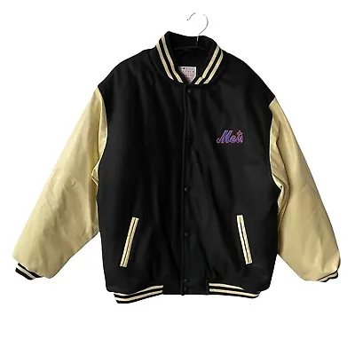 Genuine Merchandise Met's Black Cream Varsity Jackets Cream Leather Sleeves  XL • $115