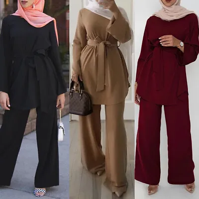 Muslim 2pcs Set Women Long Sleeve Top Trousers Abaya Kaftan Clothing Robe Arab • £23.93