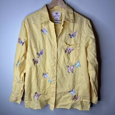 Quaker Factory Womens Long Sleeve Button Yellow Embroidered Butterfly Blouse L • $27.99