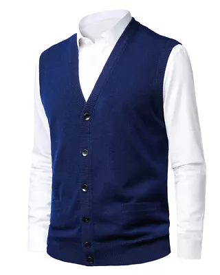 Mens Knitted Button Cardigan V-Neck Sleeveless Sweater Knitwear Vest • $22.80