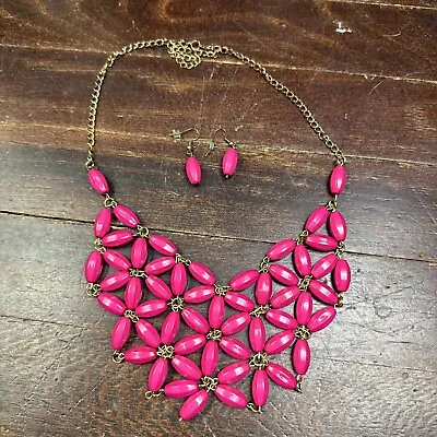 J. Crew Statement Necklace Pink Flowers Gold Tone Chain Dangle Earrings Set 3pc • $19.99