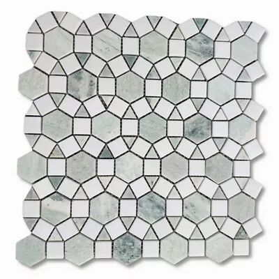 T392XH Thassos White Marble Hexagon Sunflower Ming Green Mosaic Tile Honed • $41.99