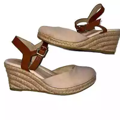 Lands' End Canvas Women's Sz 7 Cream Espadrille Ankle Strap 3in Wedge Shoes. • $13.99