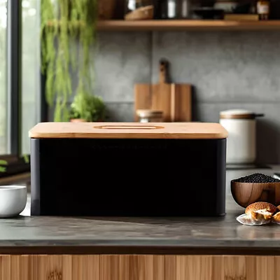 Large Bread Bin Metal Container Bread Box Kitchen Loaf Food Storage Wooden Lid • £16.95