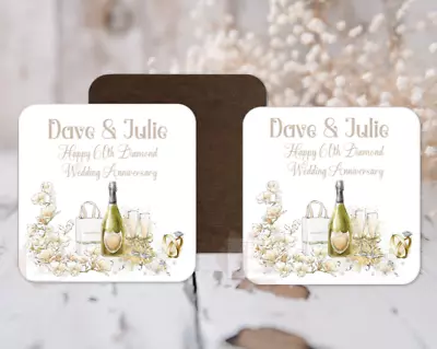 £8.99 • Buy Personalised 60th Diamond Wedding Anniversary Drinks Coaster 60th Gift Present