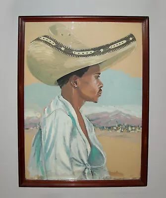 Old Vtg 1940s Folk Art Portrait Painting Mexican Man Wearing Sombrero Watercolor • $196.20