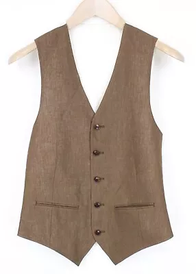 SUITSUPPLY Ferrara Men Waistcoat UK34R Brown Pure Linen Single-Breasted Formal • £59.99