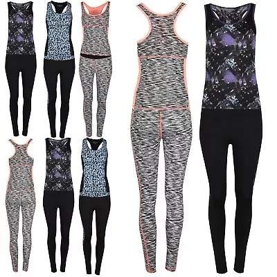 Women Galaxy Leggings Vest Side Panel Gym Yoga Sport SET SUIT Running Jogging • £6.99