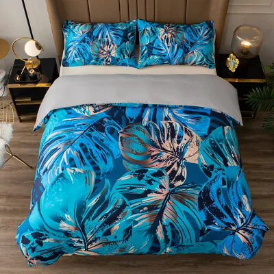 3D Tropical Leaves Blue Gold Quilt Cover Set Bedding Sets Pillowcases Queen • $78