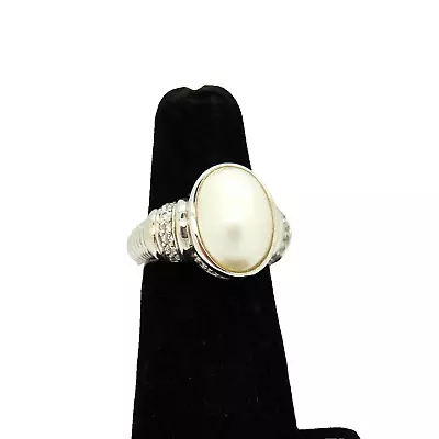 Judith Ripka 925 Sterling Silver Freshwater Pearl & Cz Textured Cocktail Ring • $85