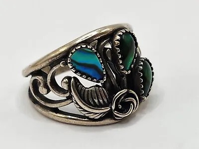 Sz 6.75 Sterling Silver Ring Flower Leaf 3 Pear Shape Blue Green Abalone Or Opal • $25.99