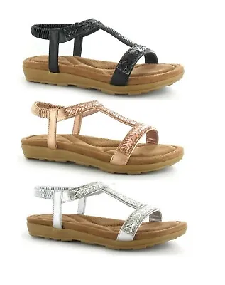 £9.99 • Buy Ladies Womens Low Wedge Diamante Sling Back Comfort Summer Sandals Shoes Size