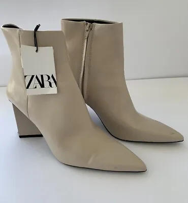 ZARA  Nude & Beige  Leather  Triangular Heeled  Ankle  Boots  NWT • $49.99