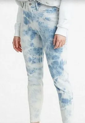 Women's New 4/27 Blue & White Tie Dye Levi's 721 High Rise Skinny Ankle Jeans • £28.22