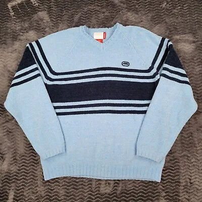 Vintage Ecko Unltd Sweater Jumper Mens Large Blue Striped Raglan Streetwear Y2K • $29.91